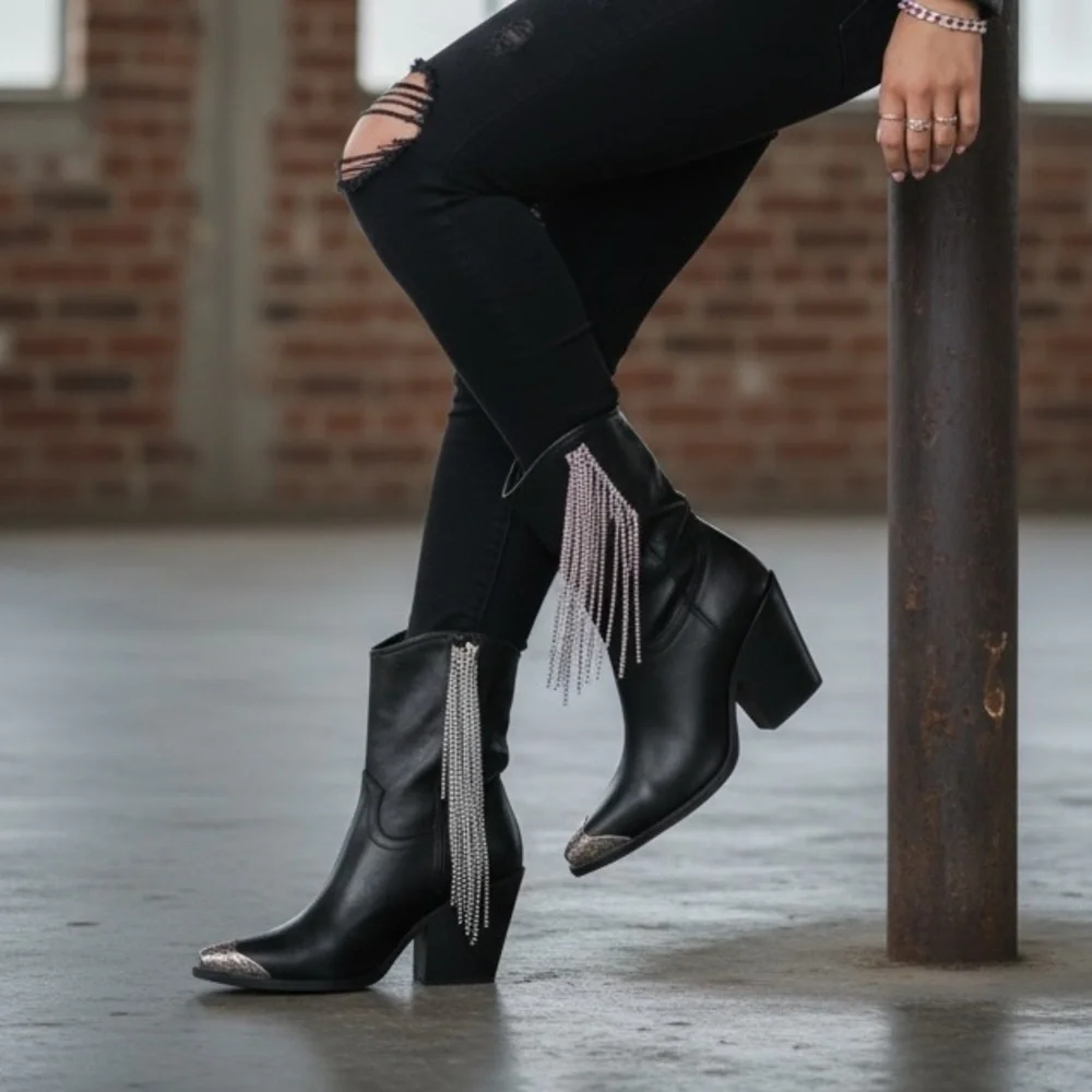 The Kai Rhinestone Fringe Etched Toe Cap Western Cowgirl Booties Boots Black